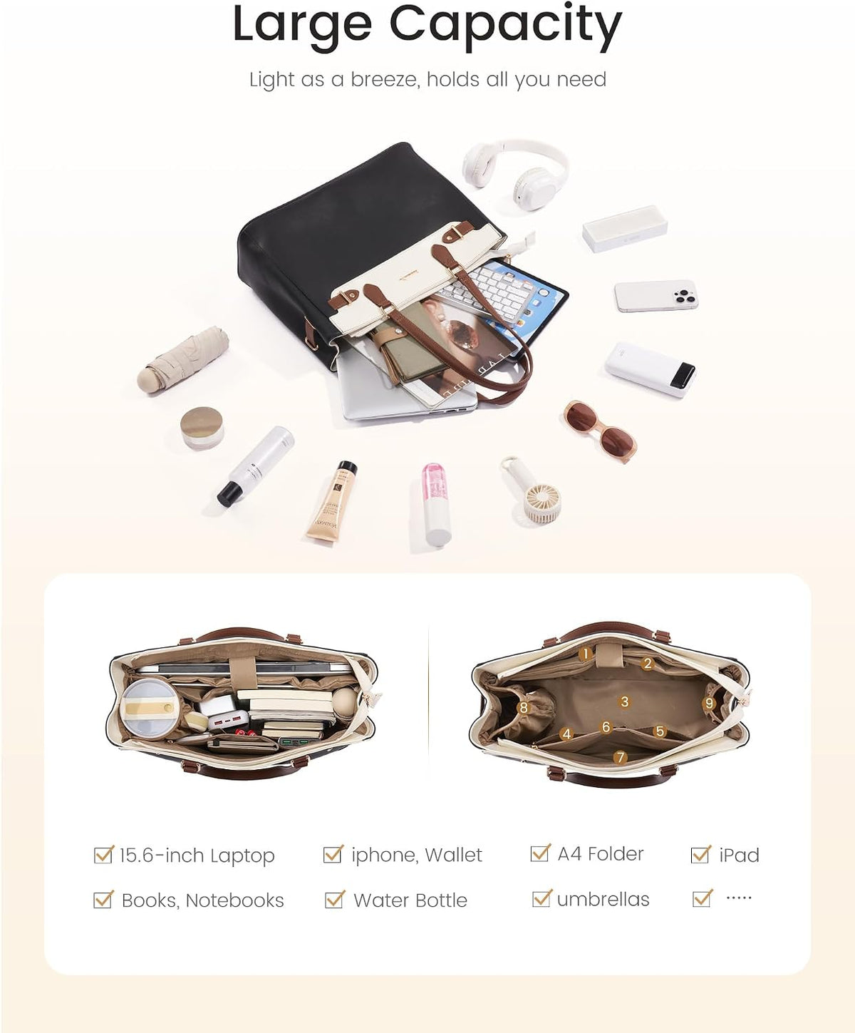 LOVEVOOK Laptop Tote Bag for Women Work, Teacher Tote Bag with Large Cup Holder, Waterproof Leather Computer Bag