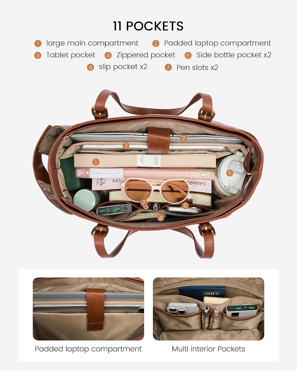 LOVEVOOK Laptop Tote Bag for Women, Vintage Leather 15.6 Inch Work Tote with Large Water Bottle Pocket, Teacher Nurse Professional Computer Bag, Office Briefcase Handbag Gift, Brown
