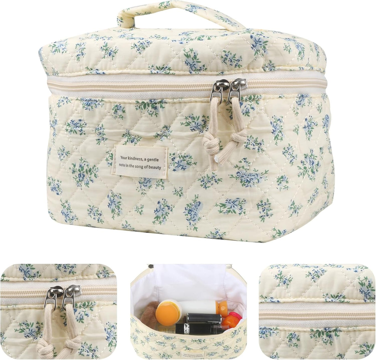 VIWIME Makeup Cosmetic Bag, Large Cotton Quilted Travel Coquette Aesthetic Cute Floral Make up Bag for Women Toiletry Bag Organizer (203- Blue Rose / 4Pcs)