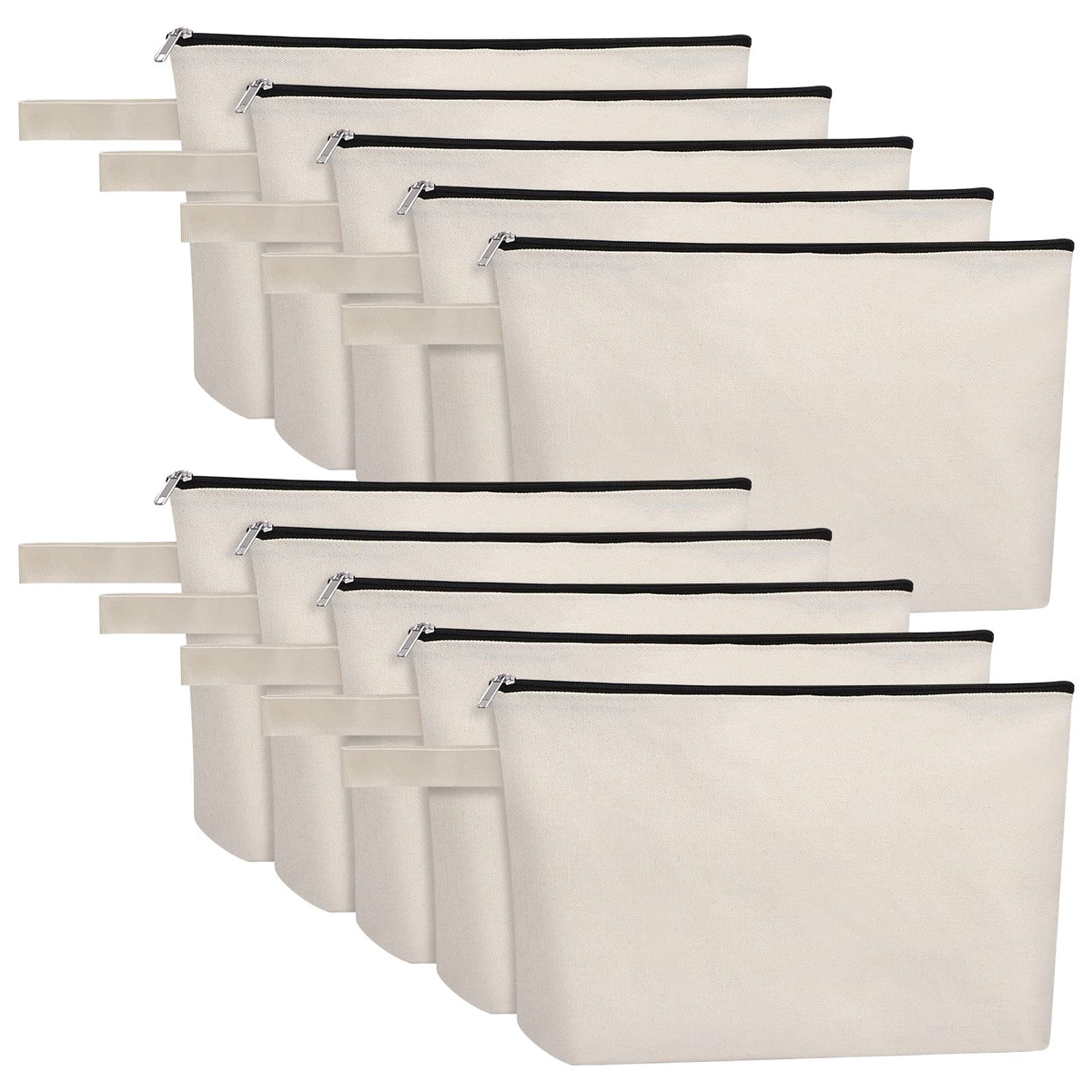 10 Pieces Cotton Canvas Makeup Bag with Bottom, Multi-Purpose Cosmetic Bag with Zipper Travel Toiletry Pouch, Blank DIY Craft Bag Pencil Bag (M, White), MN-WB07