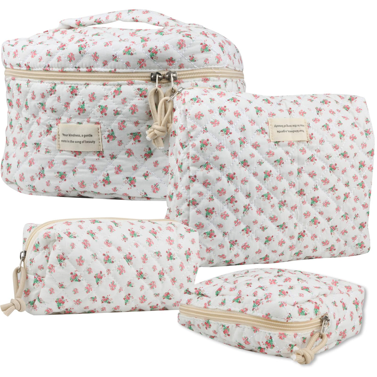 VIWIME Makeup Cosmetic Bag, Large Cotton Quilted Travel Coquette Aesthetic Cute Floral Make up Bag for Women Toiletry Bag Organizer (203- Blue Rose / 4Pcs)