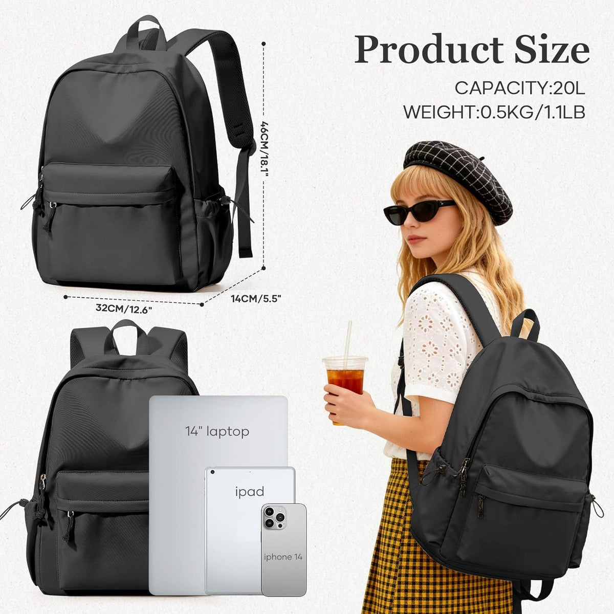 Black Middle School Backpack For Men Women Simple Backpack For College Students Aesthetic High School Bag Waterproof Bookbag For Teens Girls Boys
