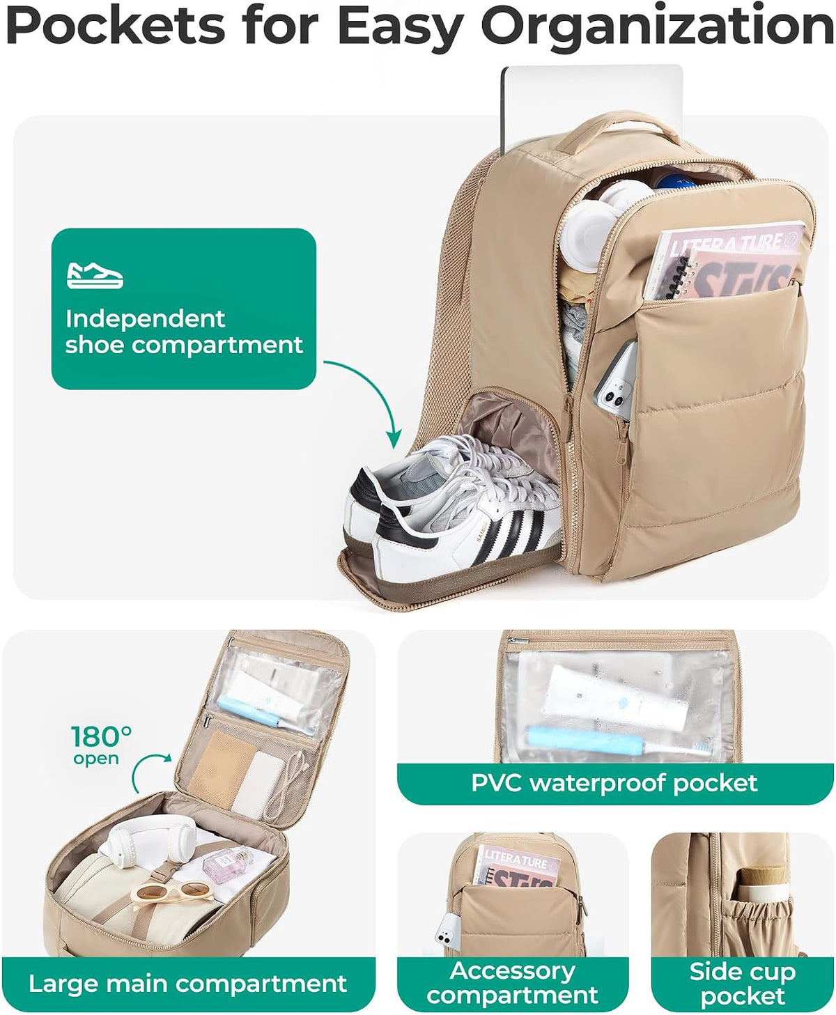 BAGSMART Travel Backpack for Women, Gym Backpack with Shoe Compartment