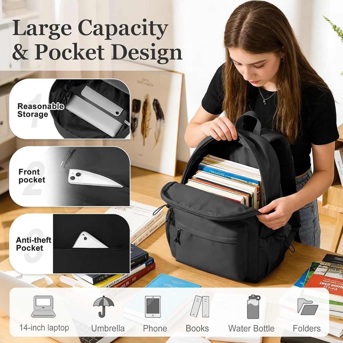 Black Middle School Backpack For Men Women Simple Backpack For College Students Aesthetic High School Bag Waterproof Bookbag For Teens Girls Boys