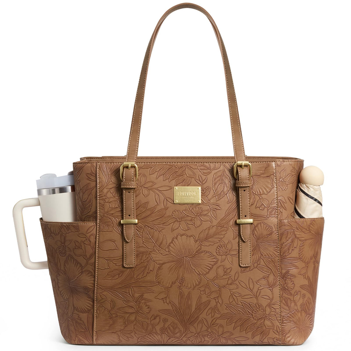 LOVEVOOK Laptop Tote Bag for Women, Vintage Leather 15.6 Inch Work Tote with Large Water Bottle Pocket, Teacher Nurse Professional Computer Bag, Office Briefcase Handbag Gift, Brown