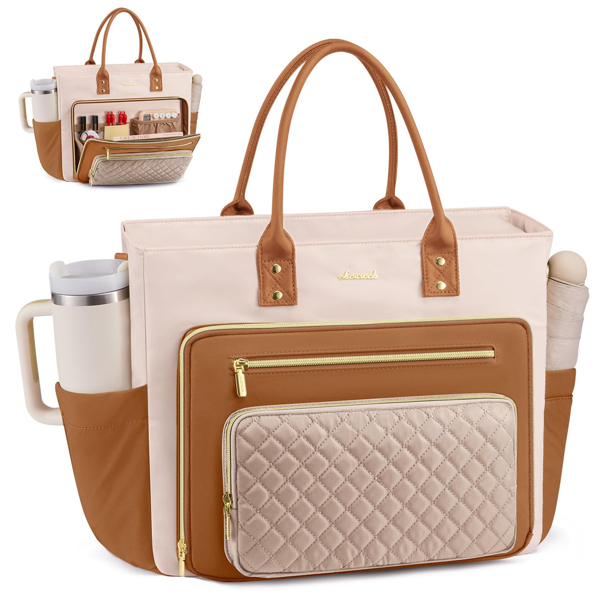 LOVEVOOK Teacher Tote Bag for Women Work, Laptop Bag With Large Cup Holder, Nurse Bags Professional Briefcase Business Computer Purses Bible Handbag Gifts, Black-Beige-Brown, 15.6 Inch