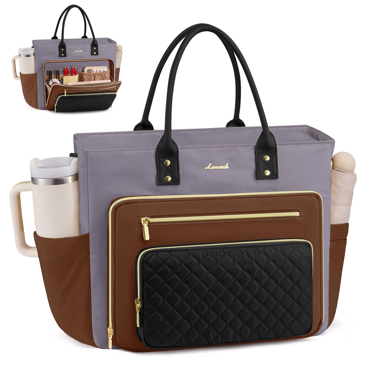 LOVEVOOK Teacher Tote Bag for Women Work, Laptop Bag With Large Cup Holder, Nurse Bags Professional Briefcase Business Computer Purses Bible Handbag Gifts, Black-Beige-Brown, 15.6 Inch
