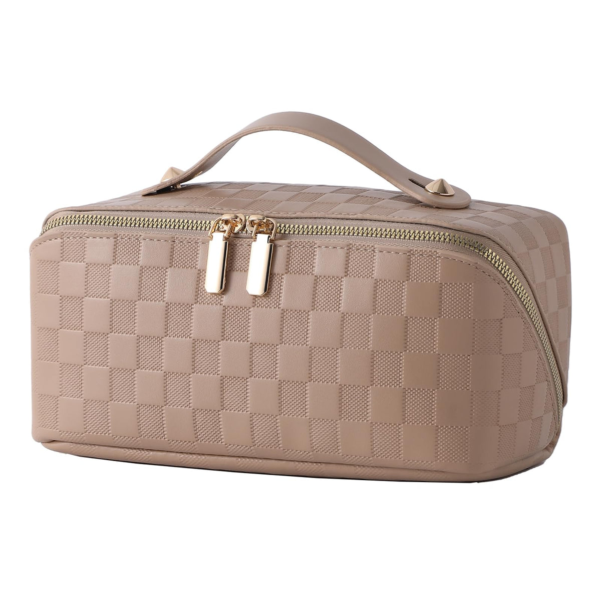 PU Leather Makeup Bag for Women, Structured Makeup Case with Wide Opening, Travel Cosmetic Bag with Compartments and Handle, Water-Resistant Makeup Organizer(Khaki, Lychee Grain)