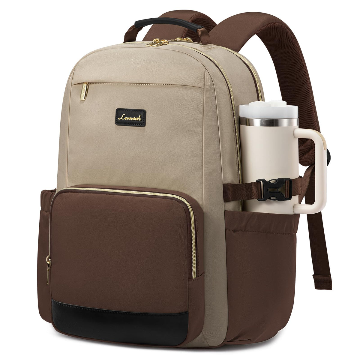 LOVEVOOK Laptop Backpack for Women with Pouch Pocket for Large Capacity Cup,15.6 Inch Laptop Computer Bag Travel Backpack Purse,Waterproof Work Business Backpack College Teacher Bags,Beige-Black-Brown
