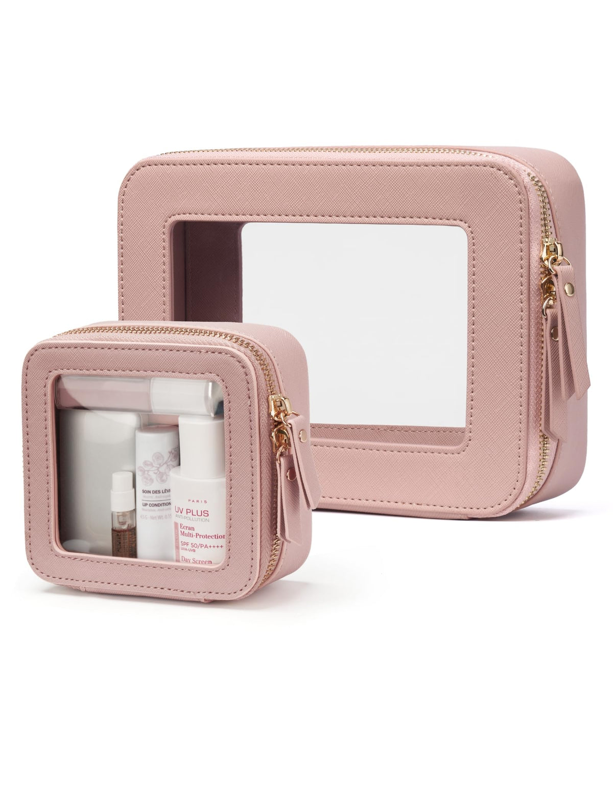 Popvibe Clear Makeup Bag Travel Cosmetic Case Transparent Toiletry Bag with Zipper, Portable Make Up Organizer Traveling Compact Car Bag for Essentials, Gold, Large