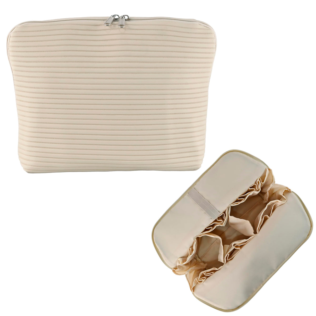 Travel Makeup Bag for Women, Waterproof Stand Up Cosmetic Bag with Brush Holders, Organizer Bag with Compartments, Fold-Down Design for Skincare, Toiletries & Essentials (Camel, Medium)