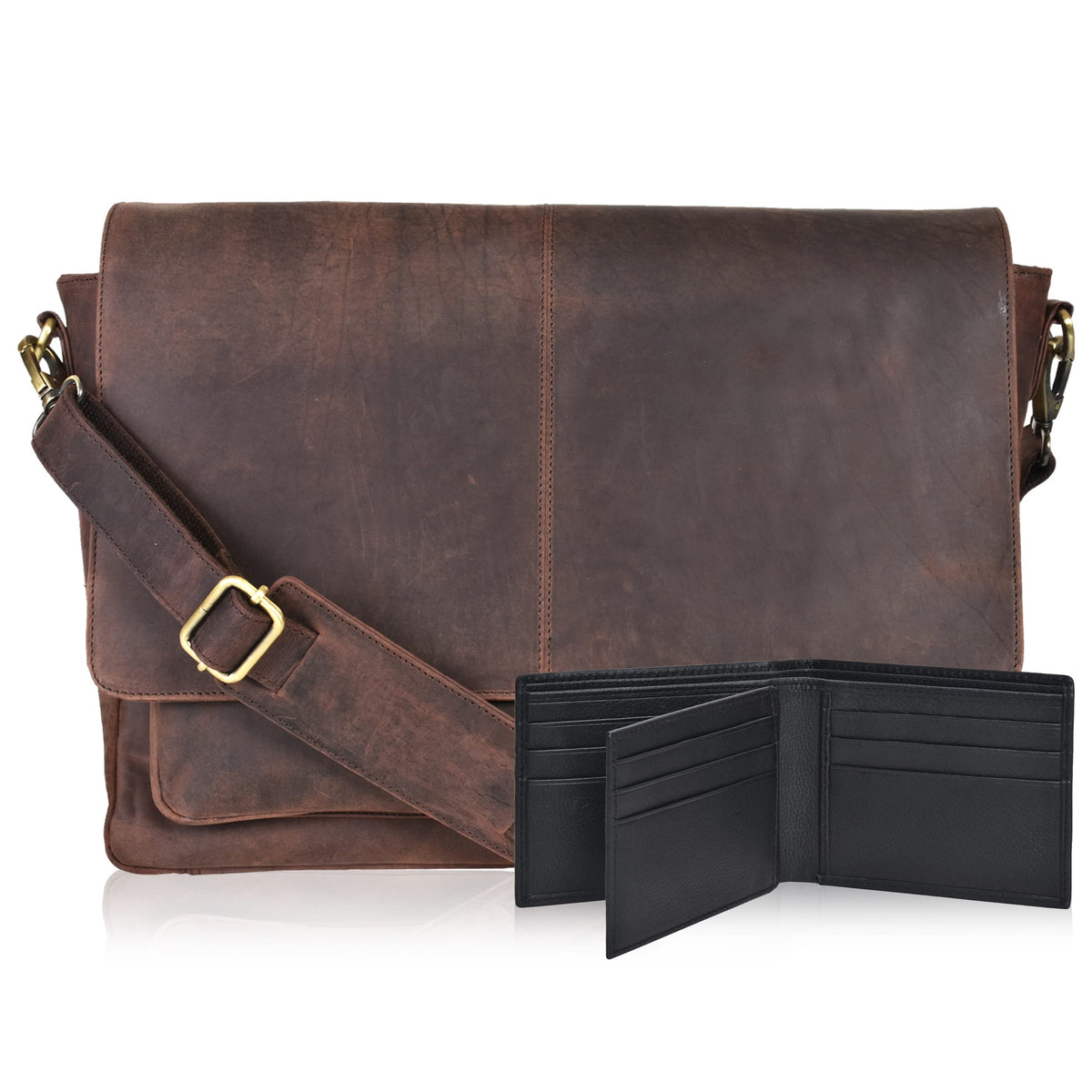 Leather Laptop Messenger Bag for Men and Women - Briefcase Crossbody Office