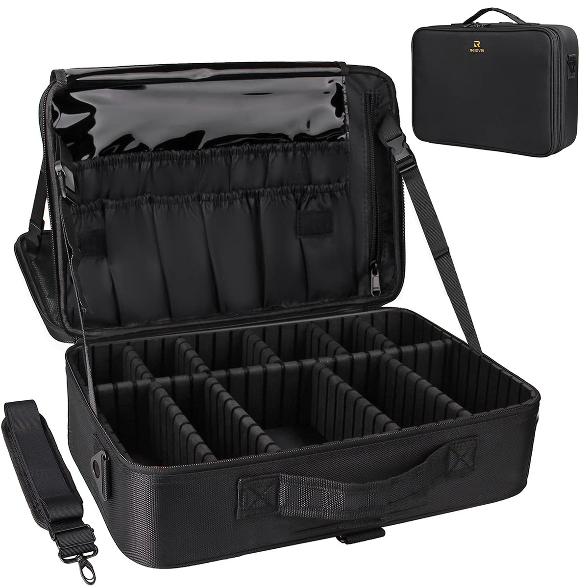 Relavel Makeup Bag Travel Makeup Train Case Large Cosmetic Case Professional Portable Makeup Brush Holder Organizer and Storage with Adjustable Dividers and Shoulder Strap Black