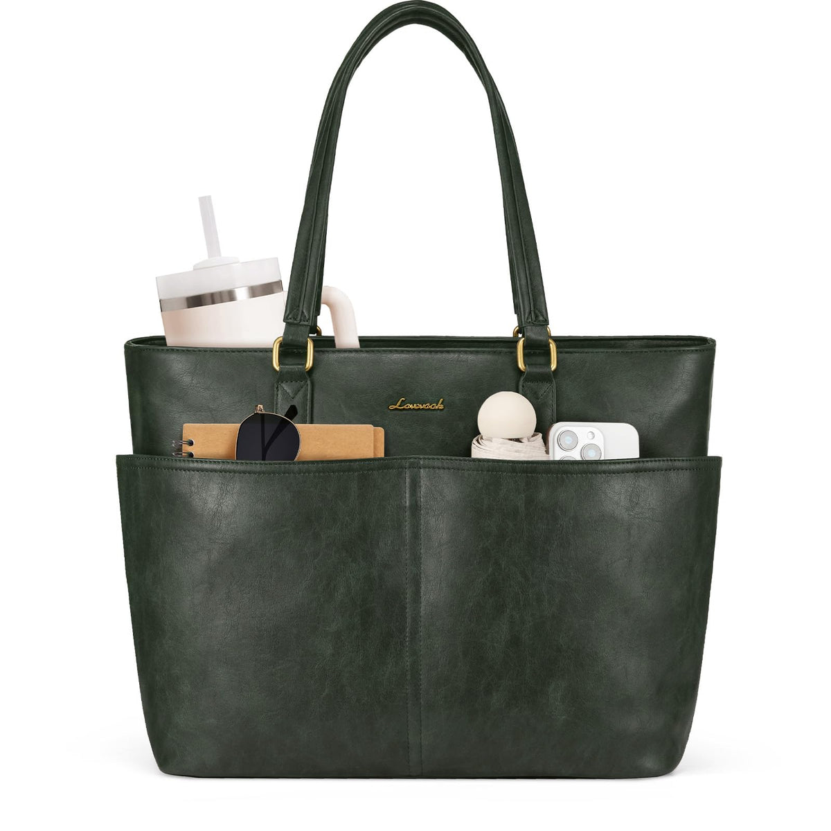 LOVEVOOK Work Tote Bags for Women, Vintage Leather 15.6 Inch Laptop Bag with Large Cup Holder, Teacher Nurse Medical Professional Computer Bag, Office Briefcase Handbag Gift