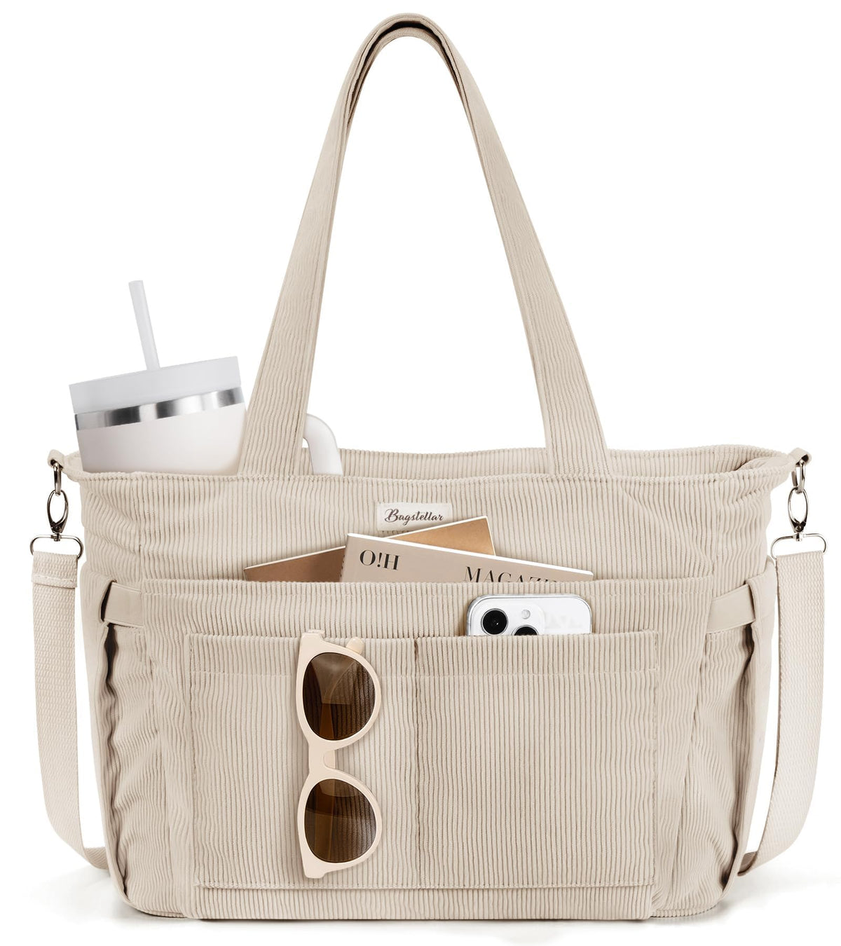 Bagstellar Corduroy Tote Bag for Women, 17 Pockets Laptop Work Tote Purse