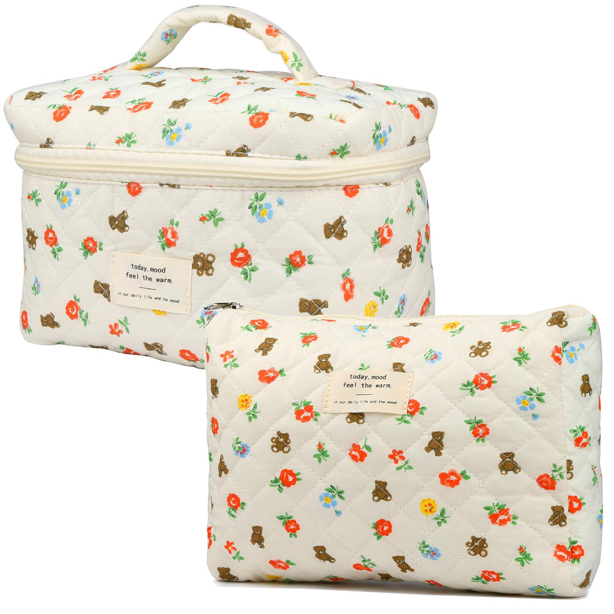 VIWIME Makeup Cosmetic Bag, Large Cotton Quilted Travel Coquette Aesthetic Cute Floral Make up Bag for Women Toiletry Bag Organizer (203- Blue Rose / 4Pcs)