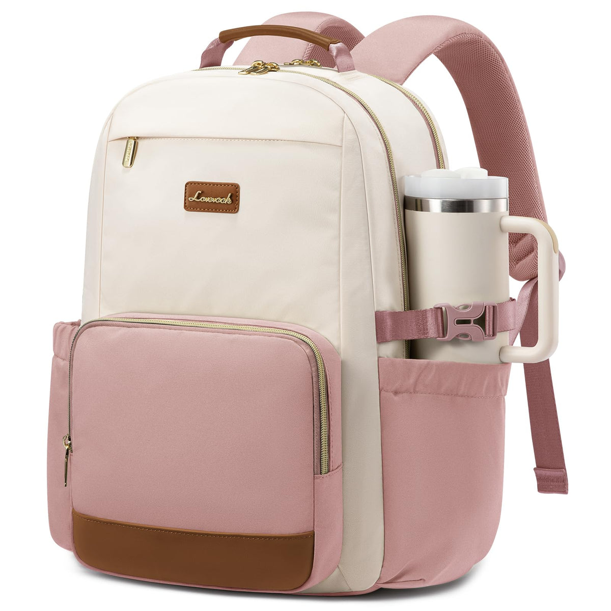 LOVEVOOK Laptop Backpack for Women with Pouch Pocket for Large Capacity Cup,15.6 Inch Laptop Computer Bag Travel Backpack Purse,Waterproof Work Business Backpack College Teacher Bags,Beige-Black-Brown