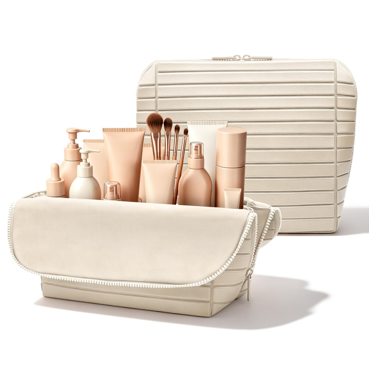Travel Makeup Organizer Bag with Fold-Down Design and Adjustable Dividers, 27 Pockets & 3 Brush Storage Holders, Large Capacity Cosmetic Bags Toiletry Case - White