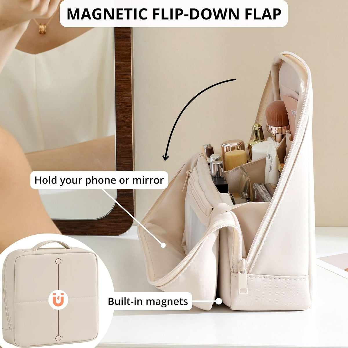 tianzong Travel Makeup Bag with Magnetic Fold-Down Flap, Waterproof Leather Cosmetic and Toiletry Organizer for Women, Multi-Zone Standing Storage, Cream, Large