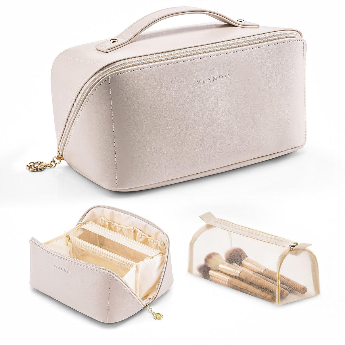 VLANDO Travel Makeup Bag with 180°Opening, Women Toiletry Case,Toffee