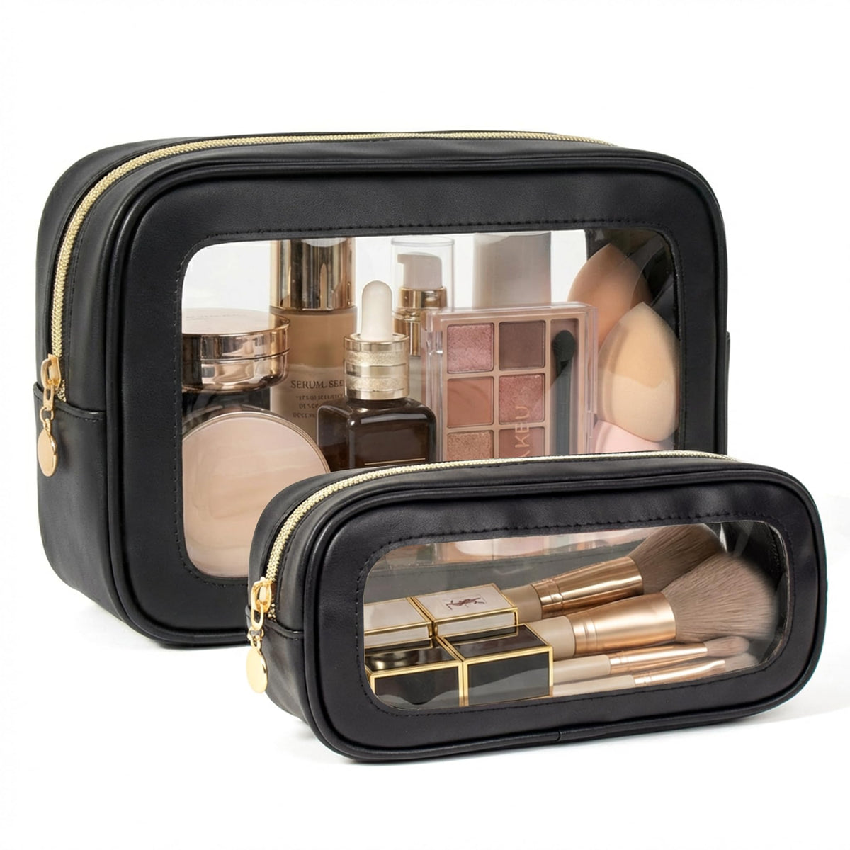 2Pcs Clear Makeup Bags Set, Clear Travel Makeup Brush Holder Leather Makeup Case Toiletry Bag with Zipper Portable Cosmetic Pouch Waterproof Makeup Brush Storage Bag Car Bag for Essentials