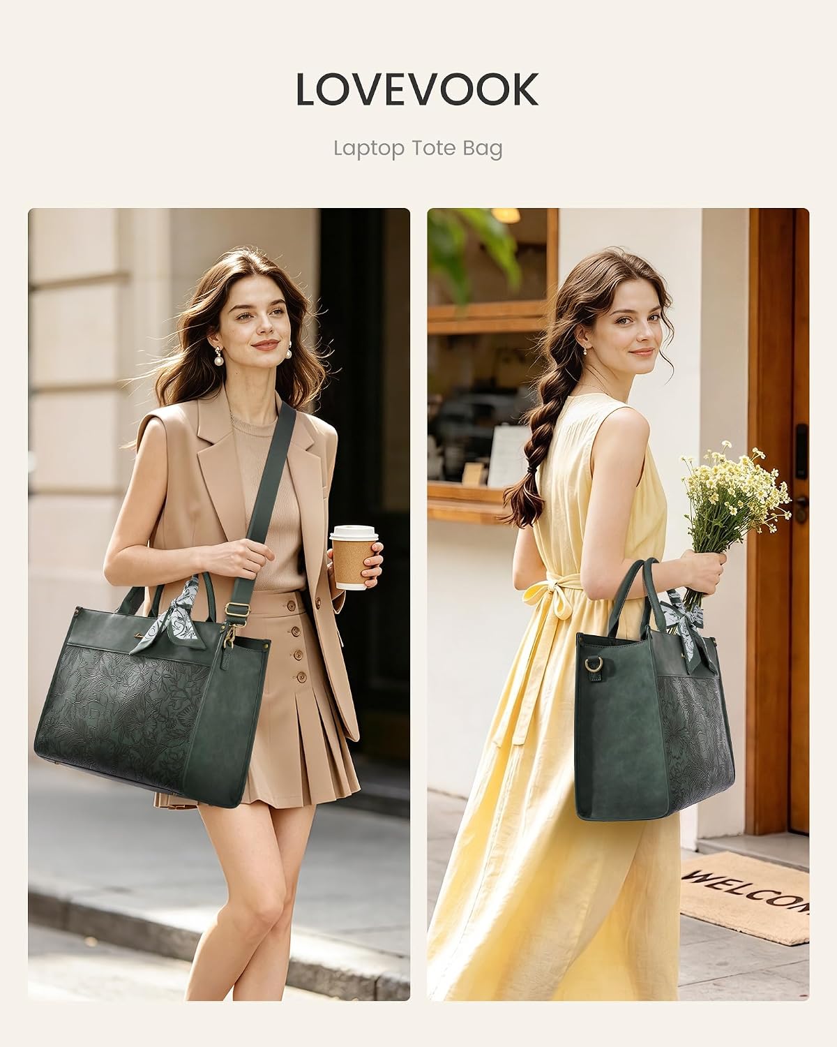 LOVEVOOK Laptop Tote Bag for Women, Vintage Work Bag with Large Cup Holder