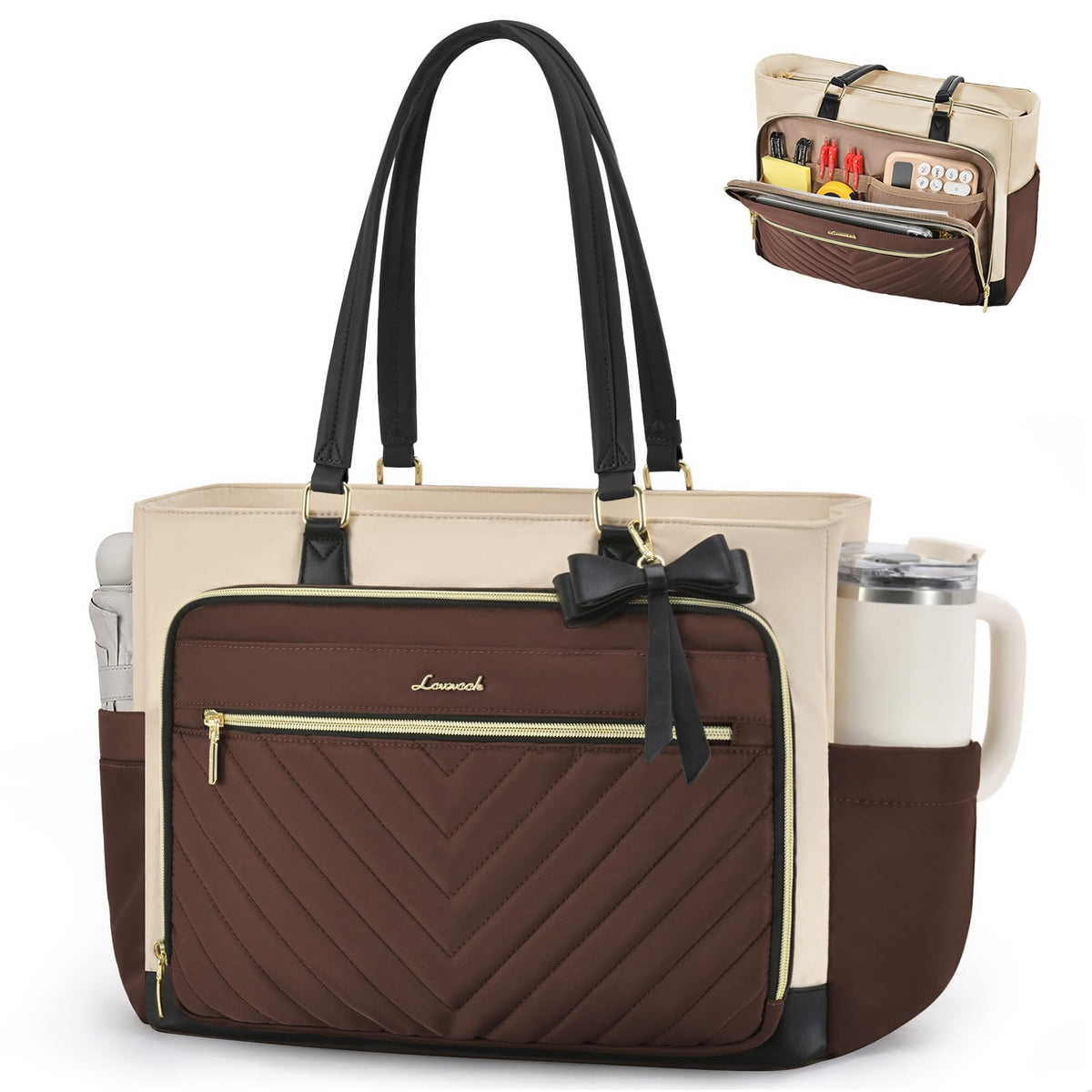 LOVEVOOK Teacher Tote Bag for Women, Work Laptop Bag Gift with Large Cup Holder, Quilted Nurse Bag Diaper Tote with Multi-Pockets, Large Computer Handbag Purse for Bussiness Travel, Office, College