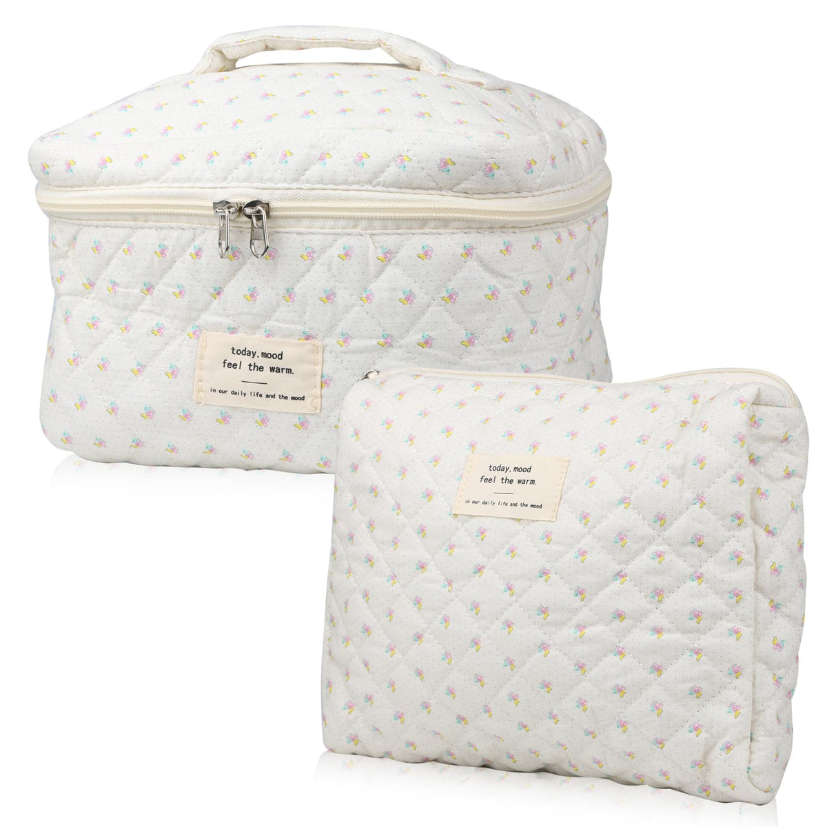 NATINSA Cute Makeup Bag for Women(2 Pcs), Travel Cosmetic Bags, Quilted Coquette Aesthetic Floral Toiletry Organizer Bag (46 - Sky Blue/4Pcs)