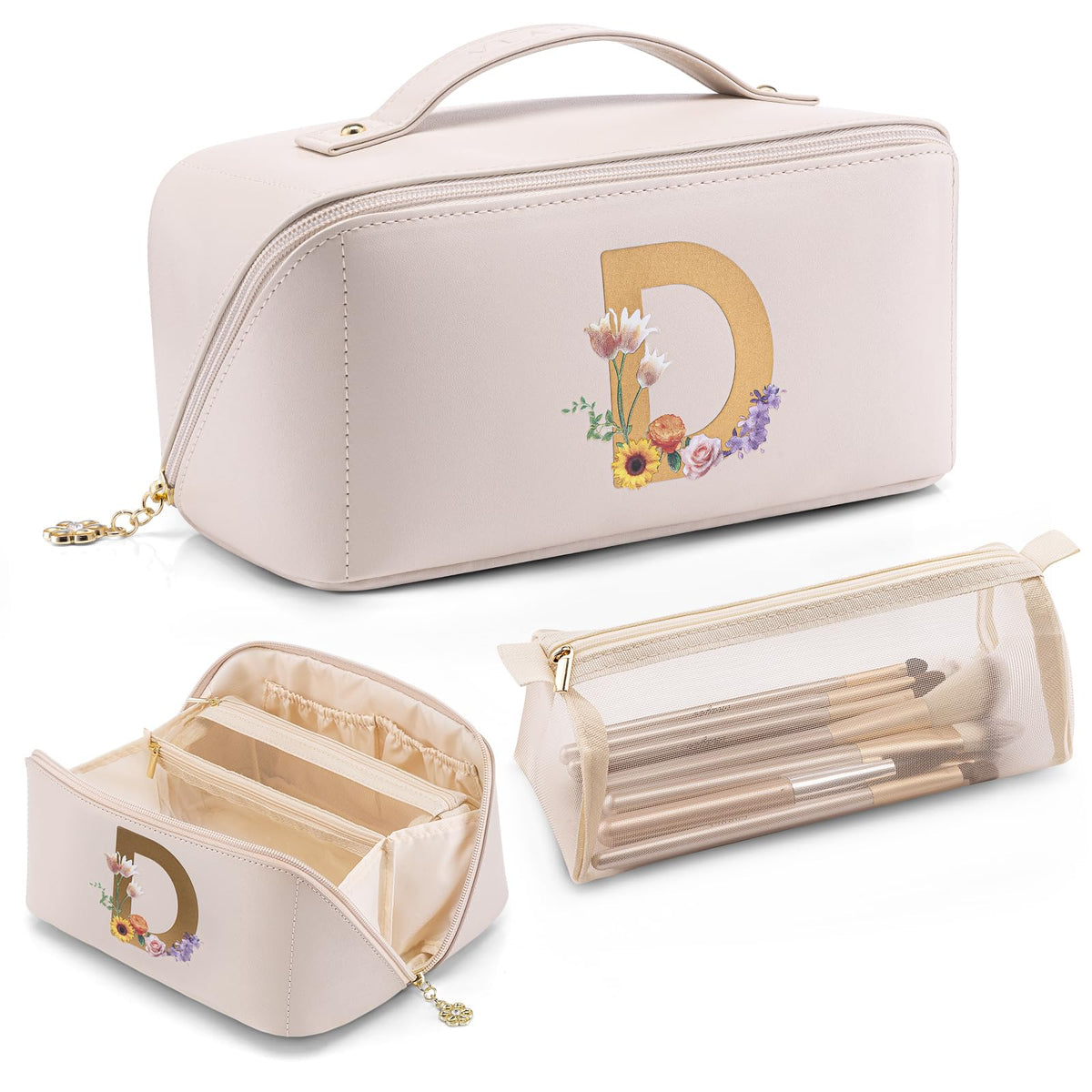 VLANDO Travel Makeup Bag with 180°Opening, Women Toiletry Case,Toffee