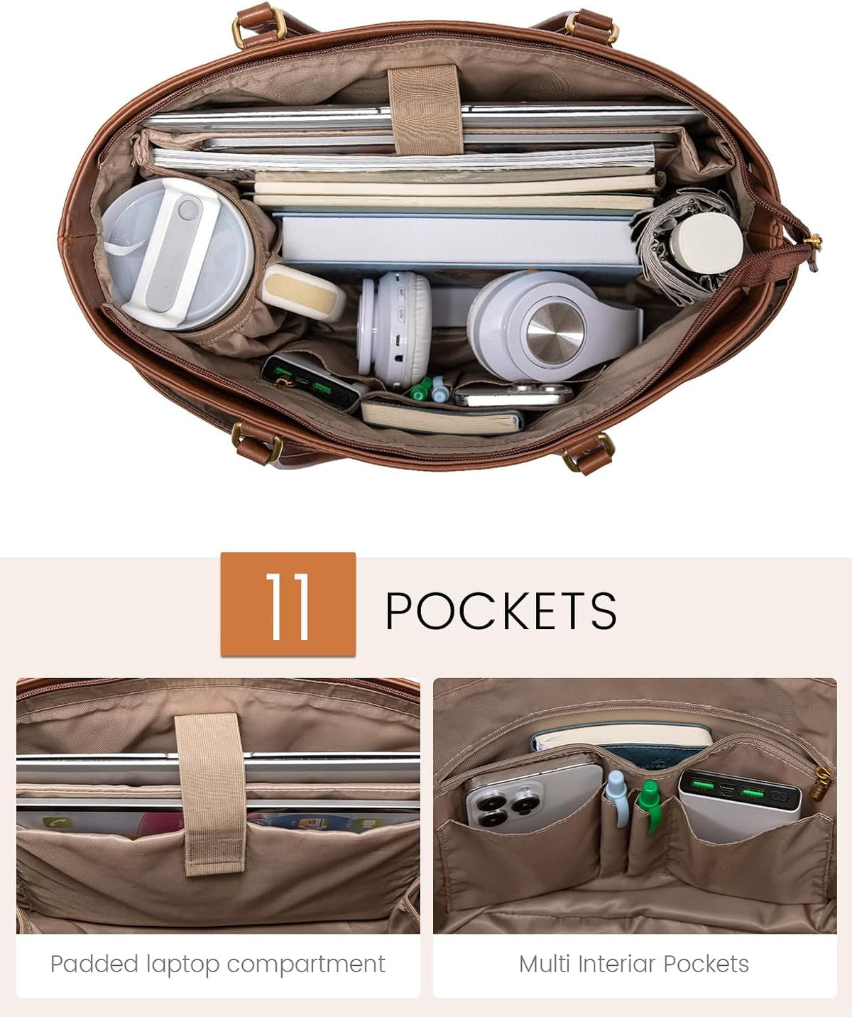 LOVEVOOK Work Tote Bags for Women, Vintage Leather 15.6 Inch Laptop Bag with Large Cup Holder, Teacher Nurse Medical Professional Computer Bag, Office Briefcase Handbag Gift