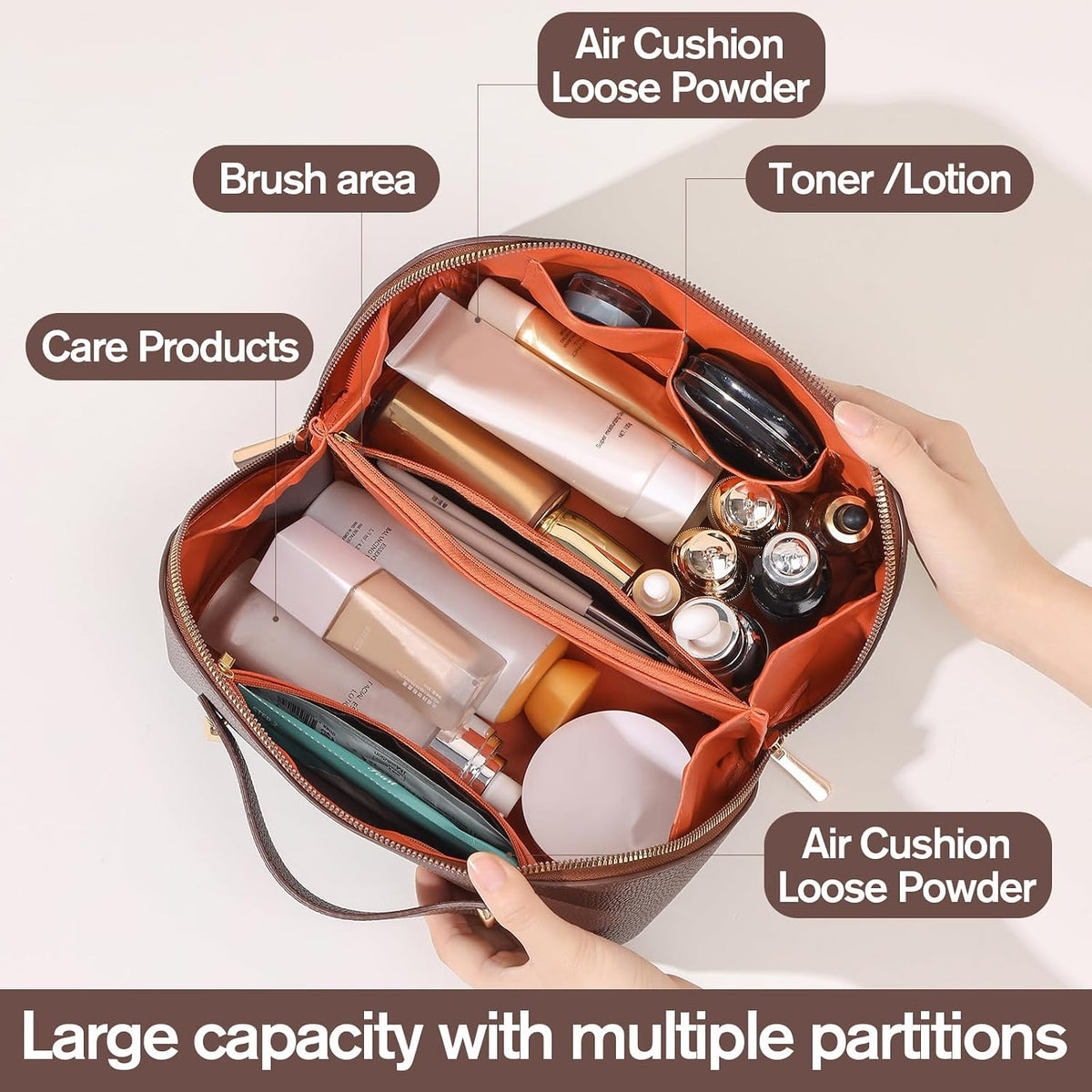 PU Leather Makeup Bag for Women, Structured Makeup Case with Wide Opening, Travel Cosmetic Bag with Compartments and Handle, Water-Resistant Makeup Organizer(Khaki, Lychee Grain)
