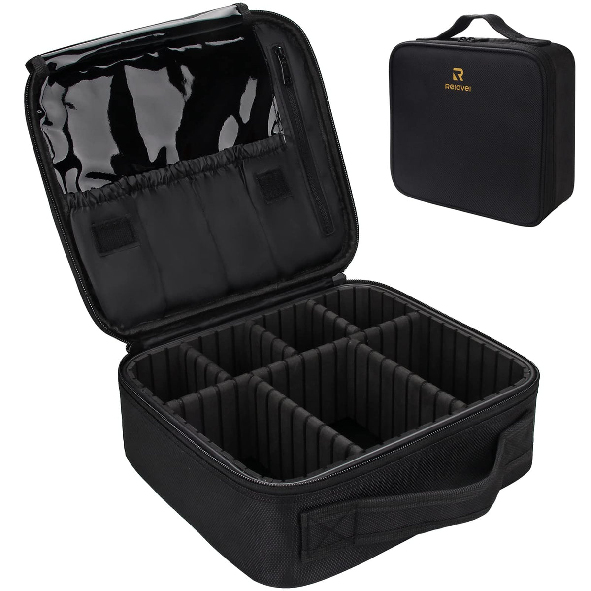 Relavel Extra Large Makeup Case, Makeup Artist Set Bag Professional Cosmetic Organizer Bag Storage Box with Makeup Brush Holder, Adjustable Dividers and Shoulder Strap, Black