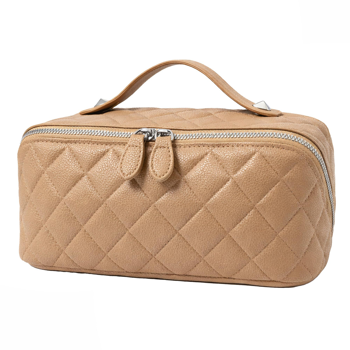 PU Leather Makeup Bag for Women, Structured Makeup Case with Wide Opening, Travel Cosmetic Bag with Compartments and Handle, Water-Resistant Makeup Organizer(Khaki, Lychee Grain)
