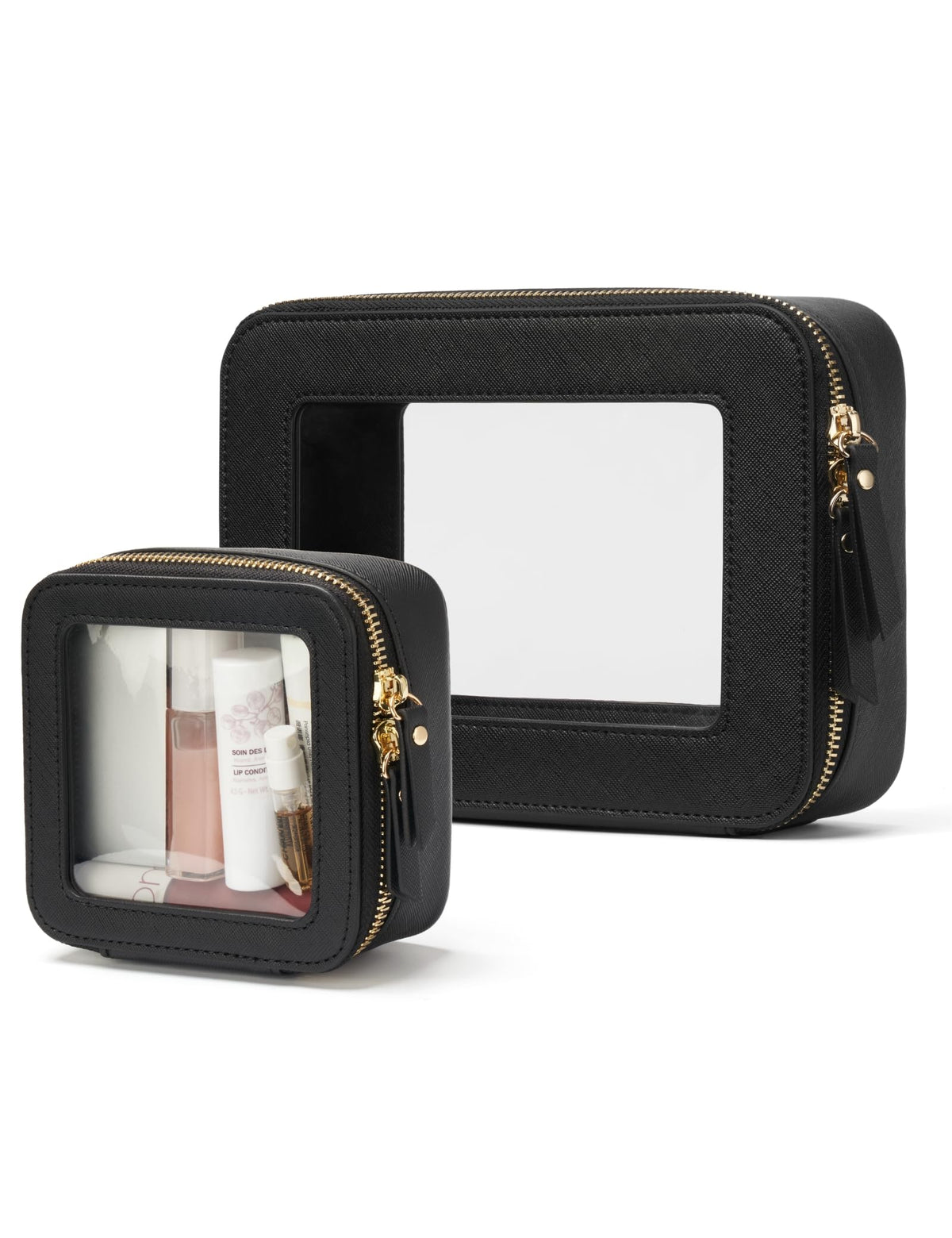 Popvibe Clear Makeup Bag Travel Cosmetic Case Transparent Toiletry Bag with Zipper, Portable Make Up Organizer Traveling Compact Car Bag for Essentials, Gold, Large