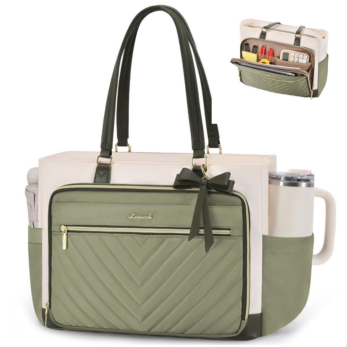 LOVEVOOK Teacher Tote Bag for Women, Work Laptop Bag Gift with Large Cup Holder, Quilted Nurse Bag Diaper Tote with Multi-Pockets, Large Computer Handbag Purse for Bussiness Travel, Office, College