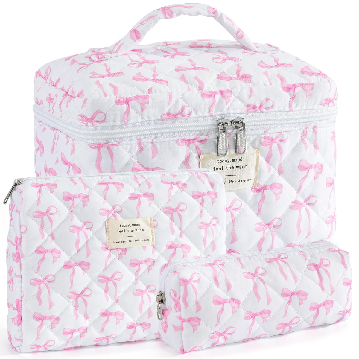 Makeup Bag for Women 3PCS Quilted Cotton Make Up Bag Travel Cosmetic Bag Large Makeup Bag Set Cute Makeups Organizer Floral Toiletry Pouch for Purse, Pink Floral D