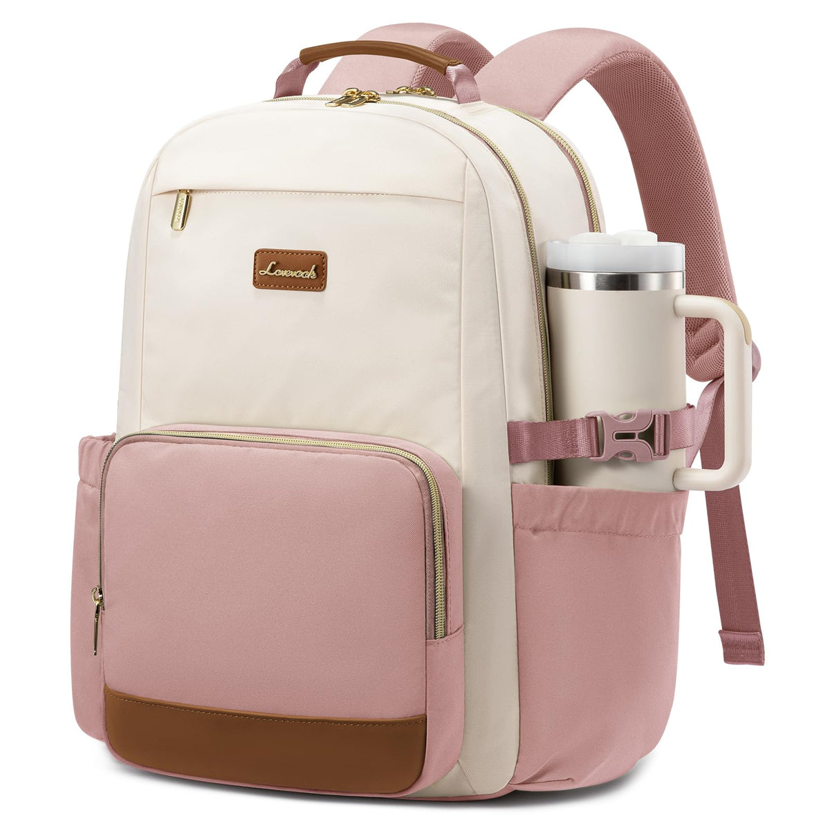 LOVEVOOK Laptop Backpack for Women with Pouch Pocket for Large Capacity Cup,15.6 Inch Laptop Computer Bag Travel Backpack Purse,Waterproof Work Business Backpack College Teacher Bags,Beige-Black-Brown