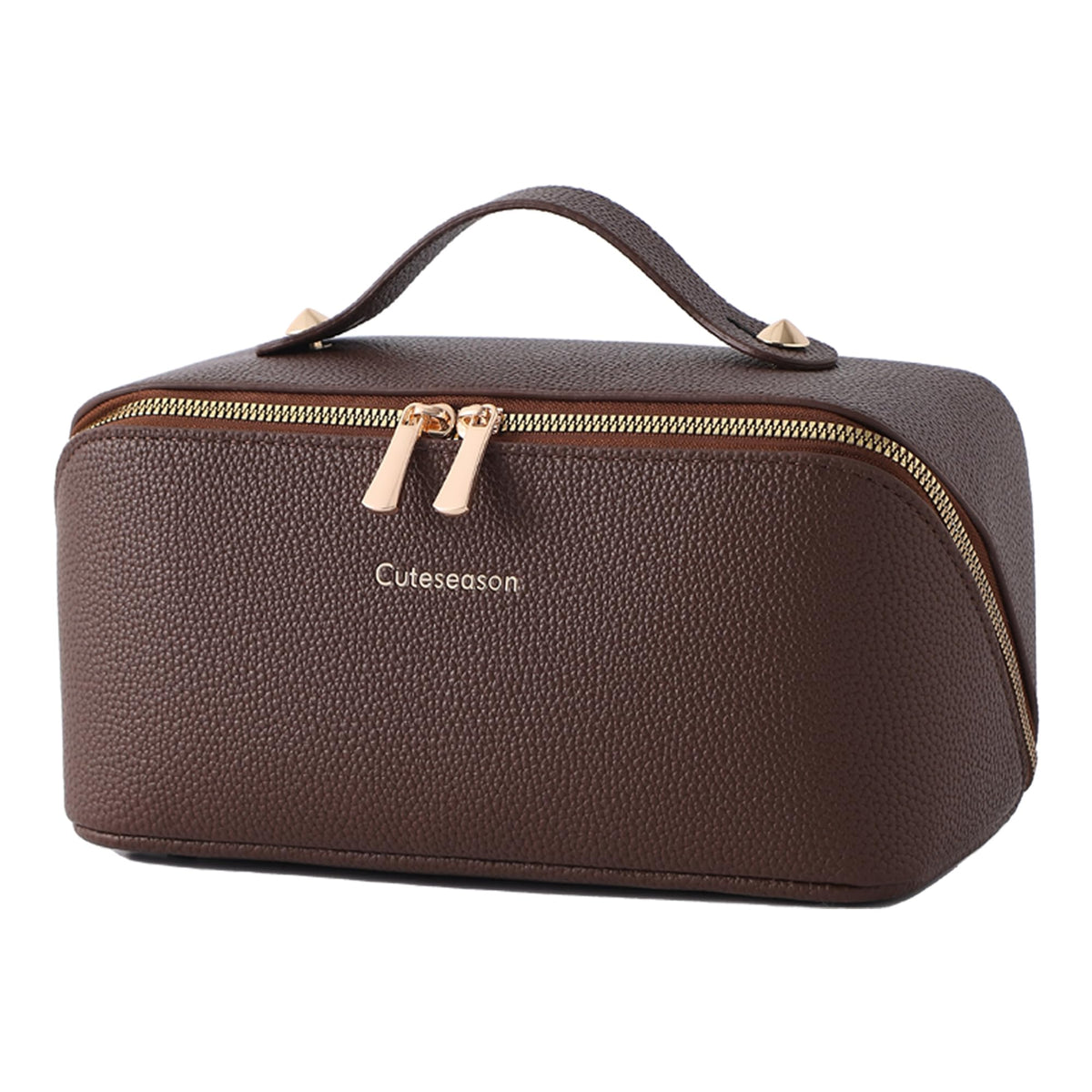 PU Leather Makeup Bag for Women, Structured Makeup Case with Wide Opening, Travel Cosmetic Bag with Compartments and Handle, Water-Resistant Makeup Organizer(Khaki, Lychee Grain)