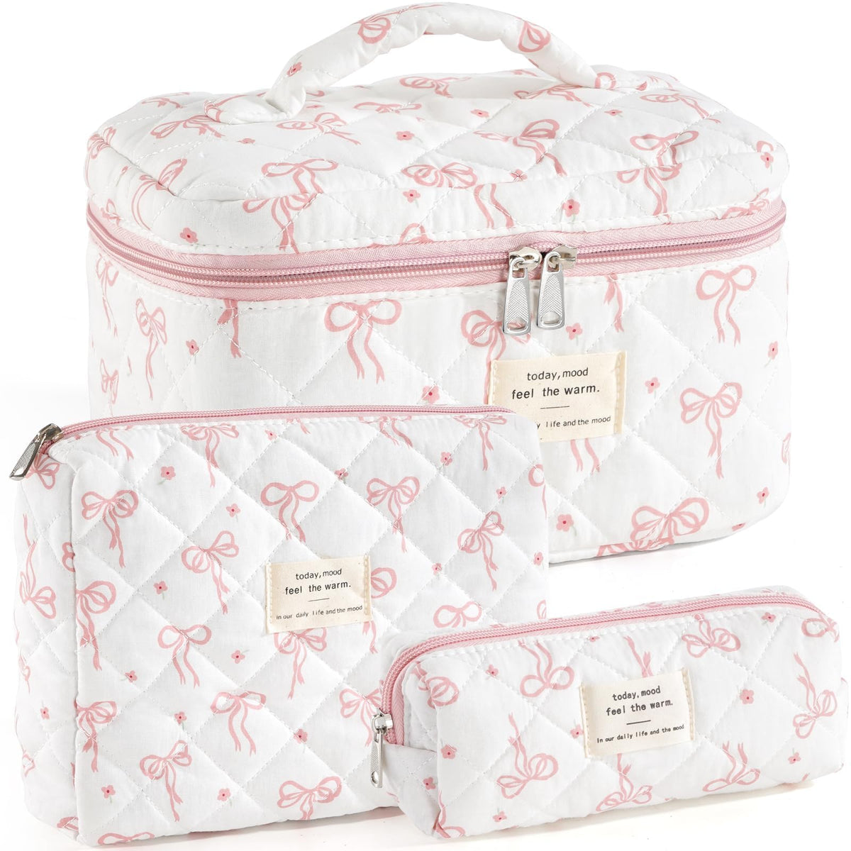 Makeup Bag for Women 3PCS Quilted Cotton Make Up Bag Travel Cosmetic Bag Large Makeup Bag Set Cute Makeups Organizer Floral Toiletry Pouch for Purse, Pink Floral D