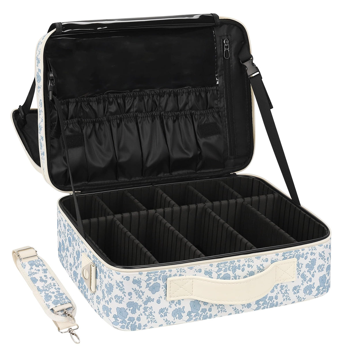 Relavel Extra Large Makeup Case, Makeup Artist Set Bag Professional Cosmetic Organizer Bag Storage Box with Makeup Brush Holder, Adjustable Dividers and Shoulder Strap, Black