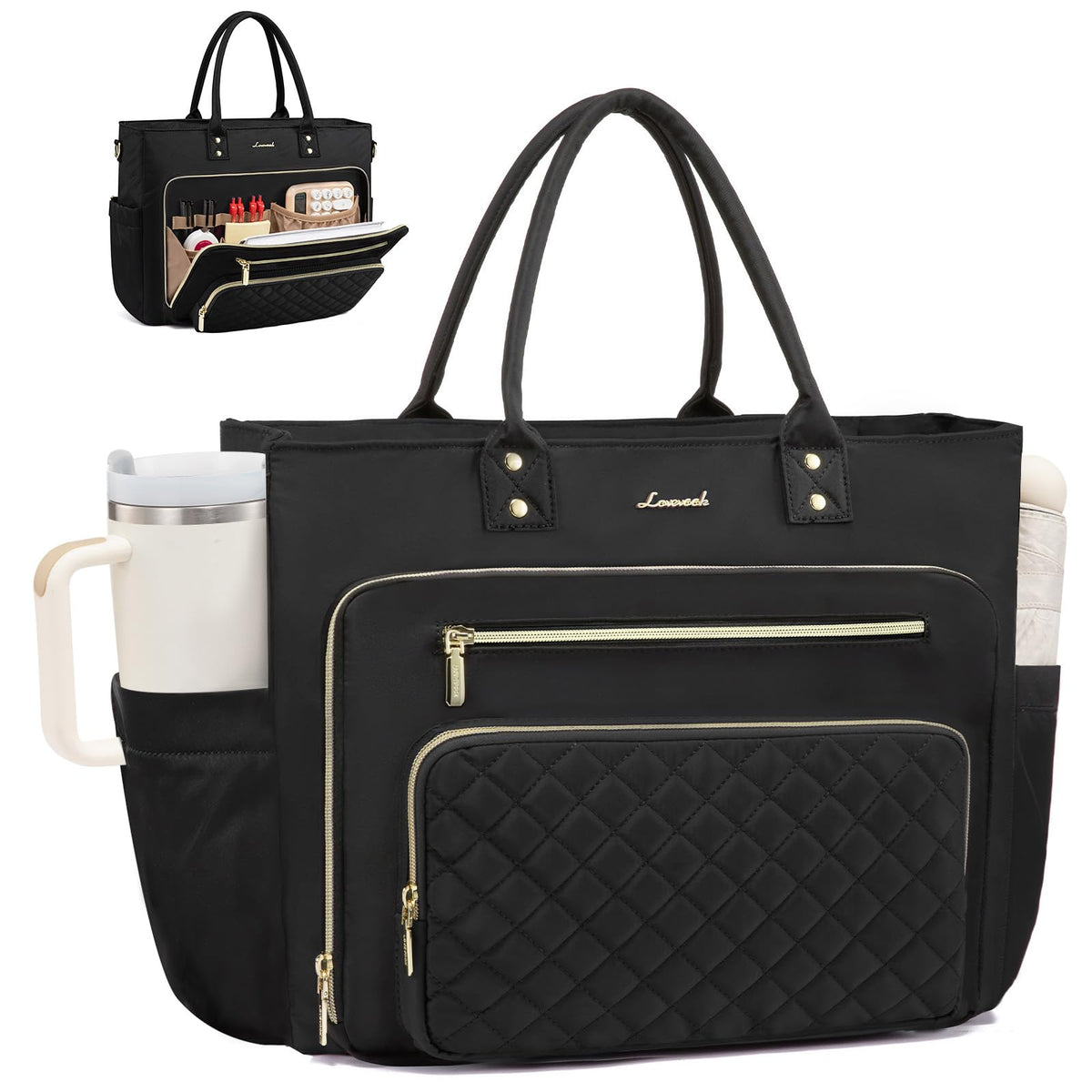 LOVEVOOK Teacher Tote Bag for Women Work, Laptop Bag With Large Cup Holder, Nurse Bags Professional Briefcase Business Computer Purses Bible Handbag Gifts, Black-Beige-Brown, 15.6 Inch