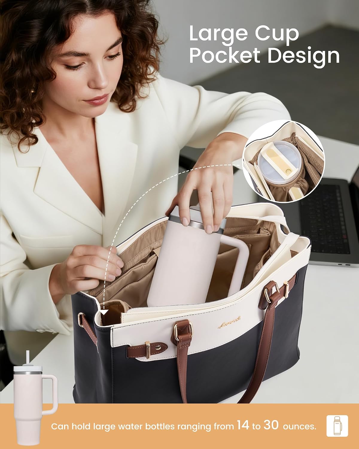 LOVEVOOK Laptop Tote Bag for Women Work, Teacher Tote Bag with Large Cup Holder, Waterproof Leather Computer Bag