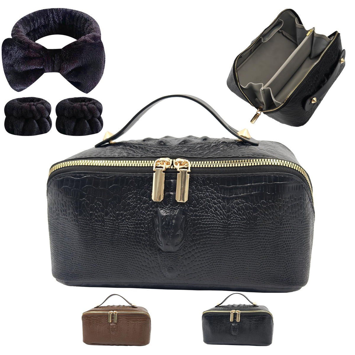 PU Leather Makeup Bag for Women, Structured Makeup Case with Wide Opening, Travel Cosmetic Bag with Compartments and Handle, Water-Resistant Makeup Organizer(Khaki, Lychee Grain)