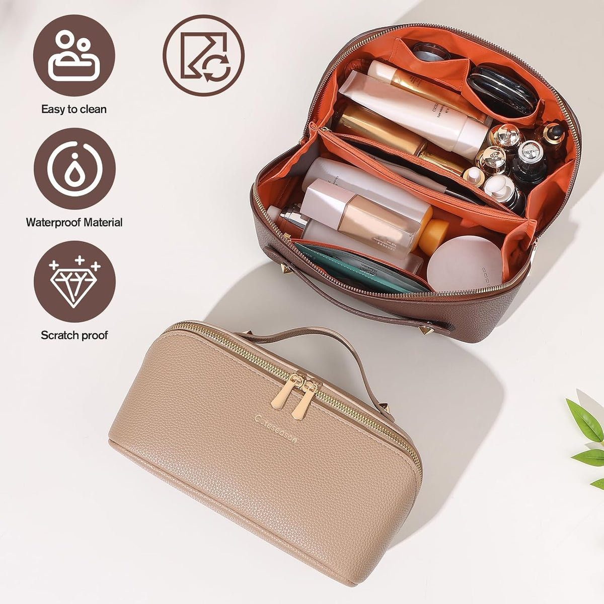 PU Leather Makeup Bag for Women, Structured Makeup Case with Wide Opening, Travel Cosmetic Bag with Compartments and Handle, Water-Resistant Makeup Organizer(Khaki, Lychee Grain)