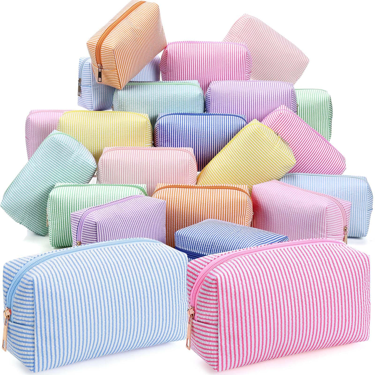 Sanwuta 6 Pcs Seersucker Cosmetic Bags Bulk, Striped Zippered,Rainbow