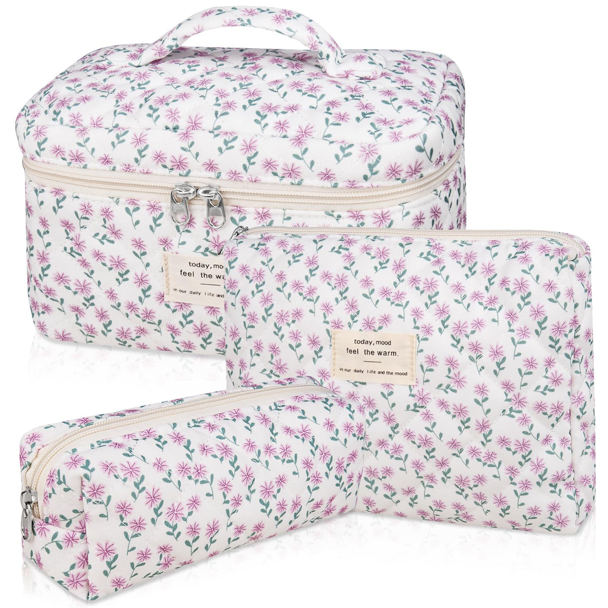 Gosect Makeup Bag, Large Quilted Cosmetic Bag, Big Floral Make Up Bag for Women Girls, Cute Cotton Makeup Bag Set, Flower Travel Toiletry Organizer Bag (Blue Flower)