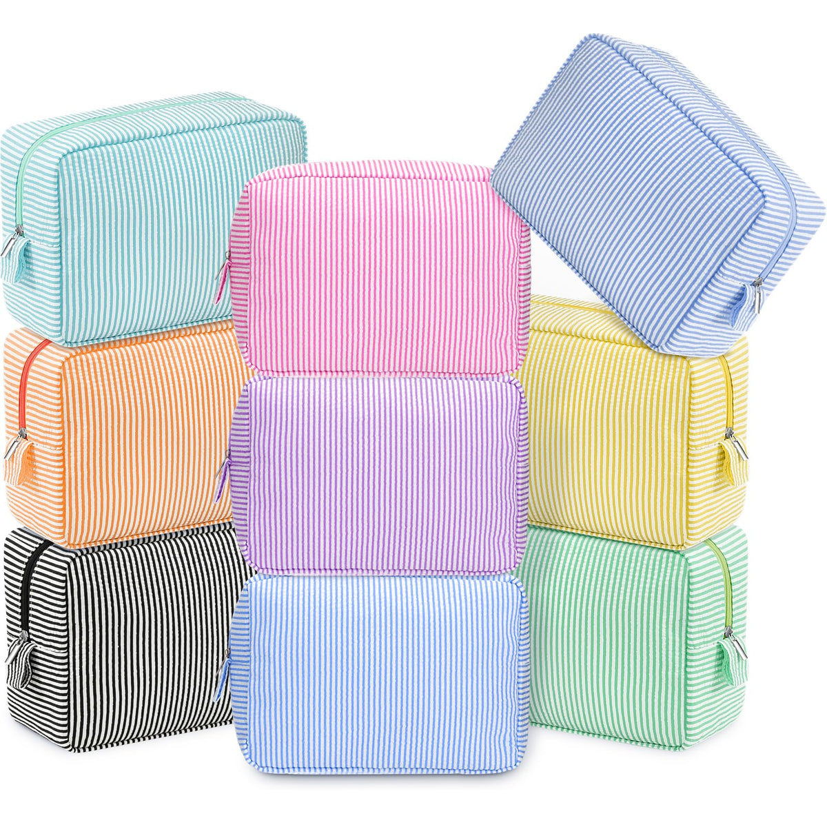 Sanwuta 6 Pack Seersucker Makeup Bags for Women Striped,Large,Macaron Color