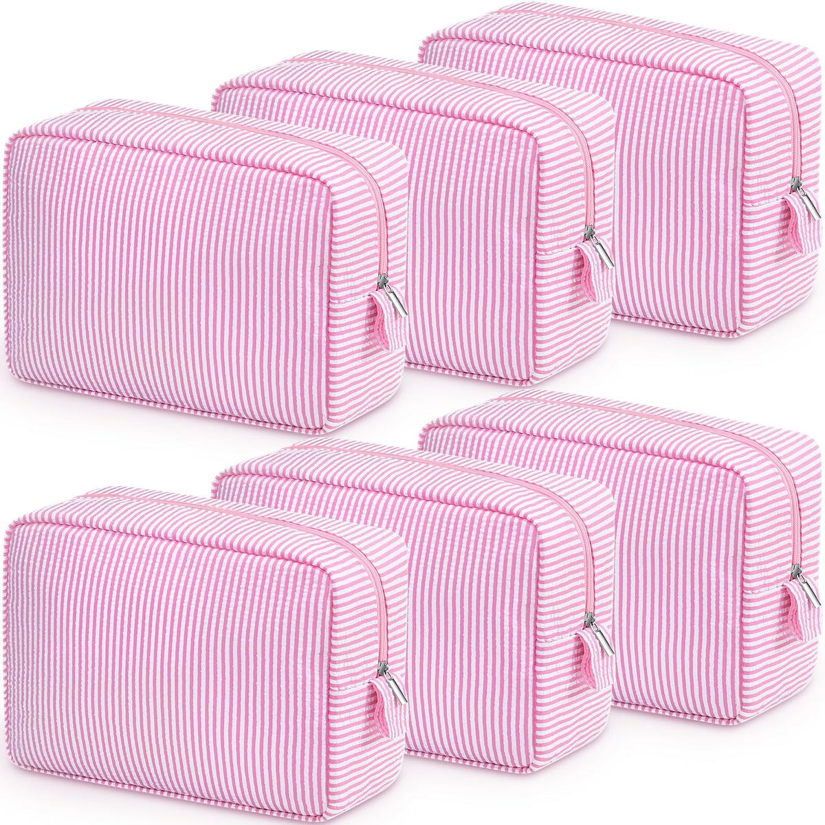 Sanwuta 6 Pack Seersucker Makeup Bags for Women Striped,Large,Macaron Color
