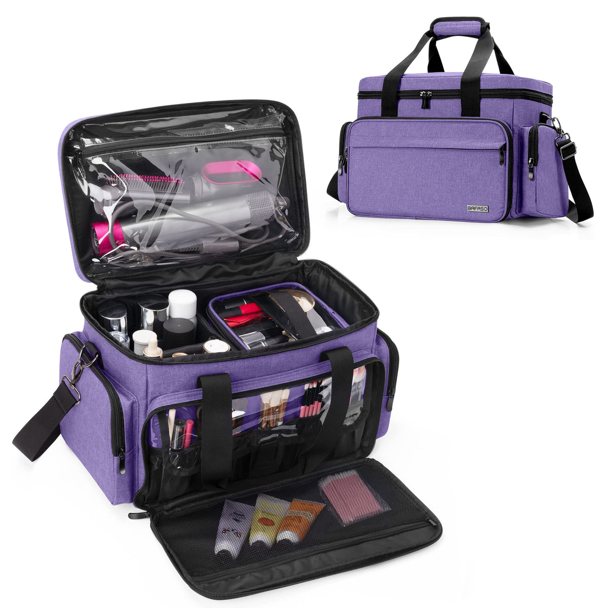 BAFASO Makeup Bag with 2 Removable Pouches and Detachable Dividers, Purple