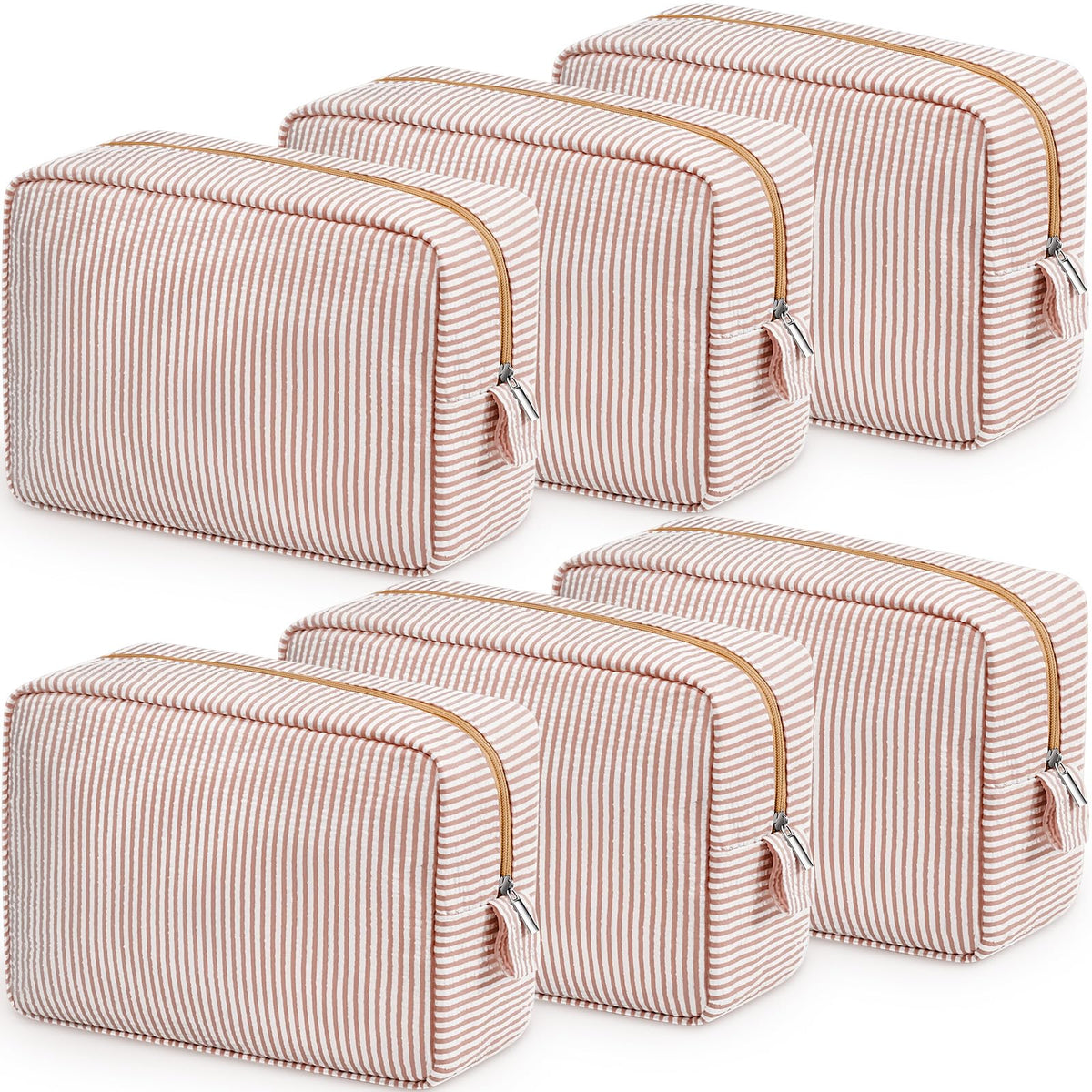 Sanwuta 6 Pack Seersucker Makeup Bags for Women Striped,Large,Macaron Color